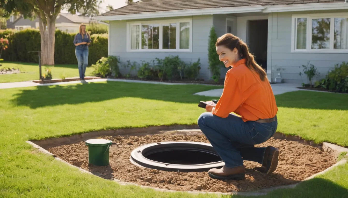 A local provider checking a septic tank lid in a home's backyard in the Elwood area while a homeowner looks on