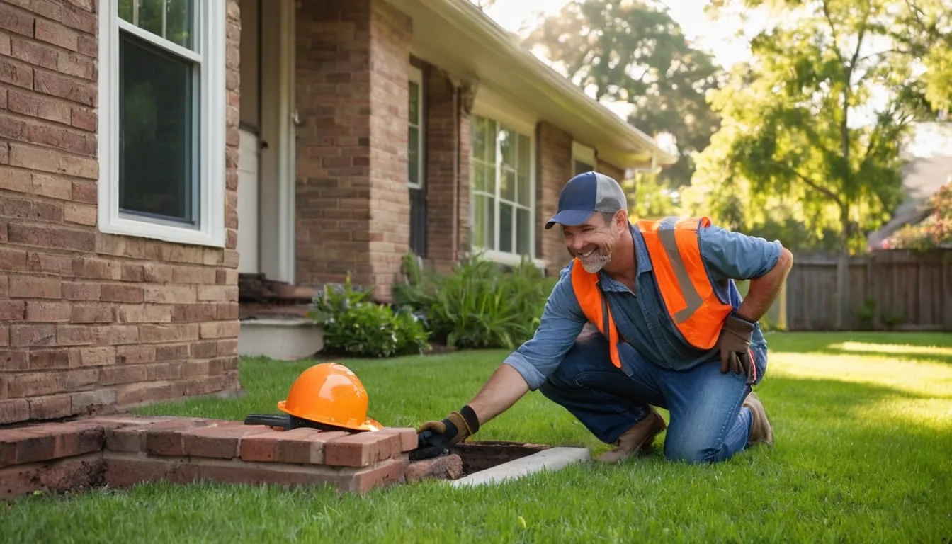 Provider in work gear checking a sewer cleanout in the front yard of a ranch home in the Elwood area